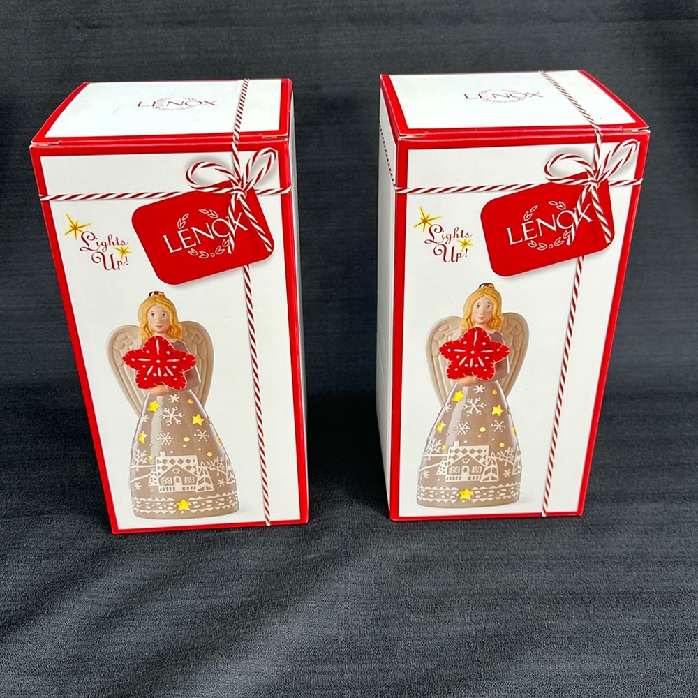 New Lenox Set 2 Festive Folk Light Up Angel Figurines